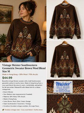 Vintage Meister Sweater M Southwestern Geometric Wool Blend Brown 90s🤍